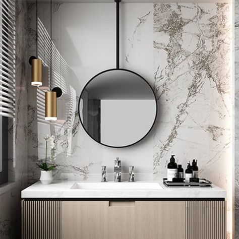 17 Bathroom Mirror Ideas to Copy Suspended Vanity, Suspended Mirror, Bathroom Inspo Modern, Hanging Vanity, Oversized Round Mirror, Circle Wall Mirror, Bath Mirrors, Mirror Circle, Mirror Gallery