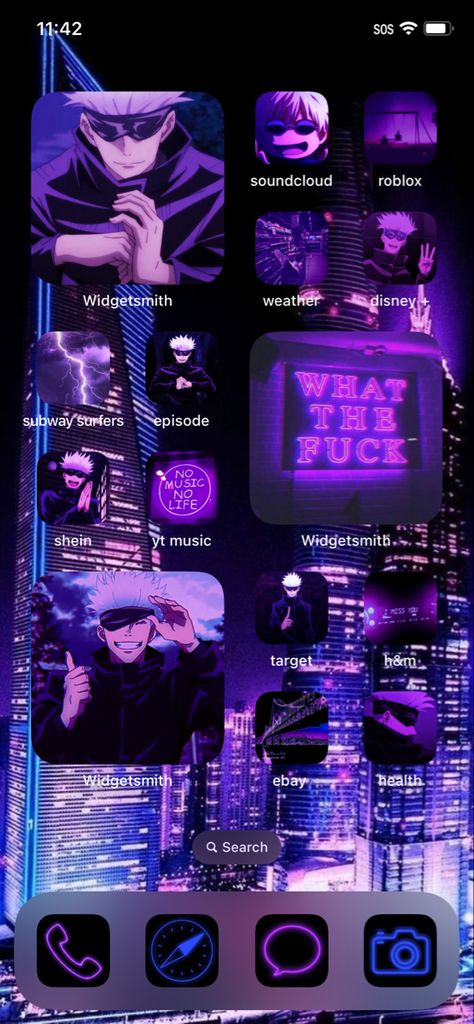 Gojo Satoru Wallpaper Homescreen, Gojo Homescreen, Ios 16 Homescreen Layout, Anime Homescreen Layout, Homescreen Ios 16, Homescreen Layout Ideas, Purple Pfps, Ios 16 Homescreen, Mouth Anime Aesthetic