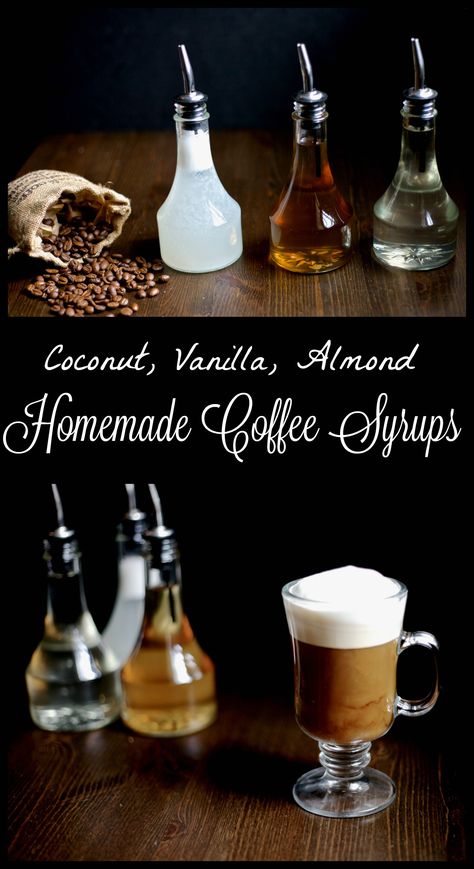 Homemade flavored coffee syrups are a healthier and easy way to jazz up your coffee without the added sugar! Vanilla, Almond and Coconut syrup recipes. #coffee #coffeesyrups #flavoredsyrups Flavored Syrup Recipe, Coconut Syrup Recipe For Coffee, Make Your Own Coffee Syrup, Coffee Syrups Homemade, Diy Coffee Syrup Recipes, Flavored Syrups For Coffee, Coconut Simple Syrup, Simple Syrup For Coffee, Syrups For Coffee