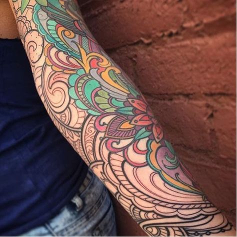 Color Mandala Tattoo Sleeve, Feminine Tattoos Sleeve Colorful, Tattoo Colourful, Colorful Mandala Tattoo, Plant Sleeve, Paisley Tattoos, Lego Tattoo, Quetzalcoatl Tattoo, Paisley Tattoo