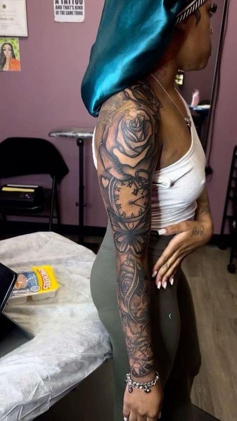 Tattoo Ideas Female Red And Black, Shoulder Arm Sleeve Tattoos For Women, Virgo Sleeve Tattoo Women, Red Ink Tattoos Sleeve, Chest Tattoo Black Female, Whole Sleeve Tattoos For Women, Red Sleeve Tattoo, Women Sleeve Tattoo Ideas, Cute Shoulder Tattoos