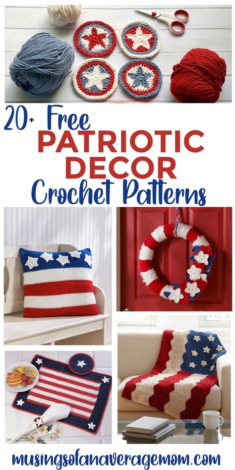 More than 20 Free Patriotic/Fourth of July home Décor Crochet Patterns including wreaths, placemats, pillows, blankets and more! Patriotic Crochet, Crochet Star Patterns, Holiday Crochet Patterns, Bunting Pattern, Crochet D, Yarn Patterns, Crochet Christmas Gifts, Halloween Crochet Patterns, July Fourth