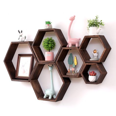 PRICES MAY VARY. MULTIPLE SIZE SHELVES: Different from other hexagon shelves, all floating shelves are made of 100% solid wood which is famous for its stiffness, lightweight, and resistance to shrinking and swelling, so will look great as wall decor for bathroom,kitchen in home office, living room, bedroom, and even for plant shelf Sturdy-Decorate Modern Wall Shelves: The floating shelves are unique and durable with their hexagonal solid structures, driftwood wood finish creates a beautiful and Hexagon Floating Shelves, Farmhouse Storage, Dorm Room Wall Decor, Honeycomb Shelves, Modern Wall Shelf, Hexagon Shelves, Dorm Room Walls, Bathroom Wall Shelves, Fa Fal