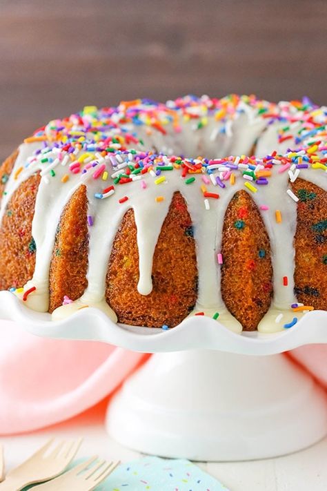 This easy, made from scratch Funfetti Bundt Cake recipe is moist, delicious and full sprinkles! It's a fun and colorful cake that is perfect for birthday or just to brighten up your day! #funfetticakerecipe #recipeforfunfetticake #homemadefunfetticake #bundtcakerecipes Fun Fetti Cake Recipe, Funfetti Bundt Cake, Tube Pan, Inside Cake, Colorful Cake, Nothing Bundt Cakes, Bundt Cake Recipe, Loaf Cakes, Torte Cupcake