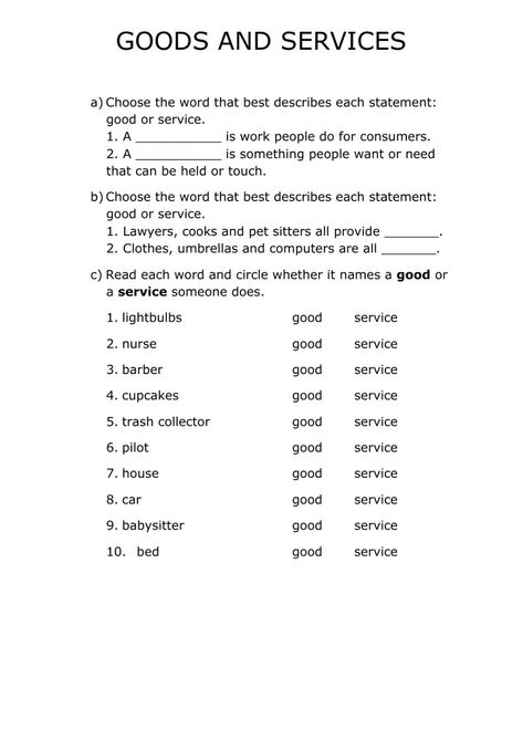 Goods And Services Worksheet, Esl Vocabulary, Business Studies, Home Economics, Word Recognition, Seventh Grade, English Worksheets For Kids, Fun Worksheets, 1st Grade Worksheets