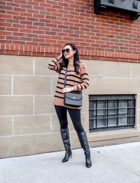 Striped Sweater Outfit, Neutral Fall Outfits, Black Striped Sweater, Knee High Boots Black, Sweater Leggings, Stripe Outfits, Black Knee High Boots, Classy Style, Black Knees