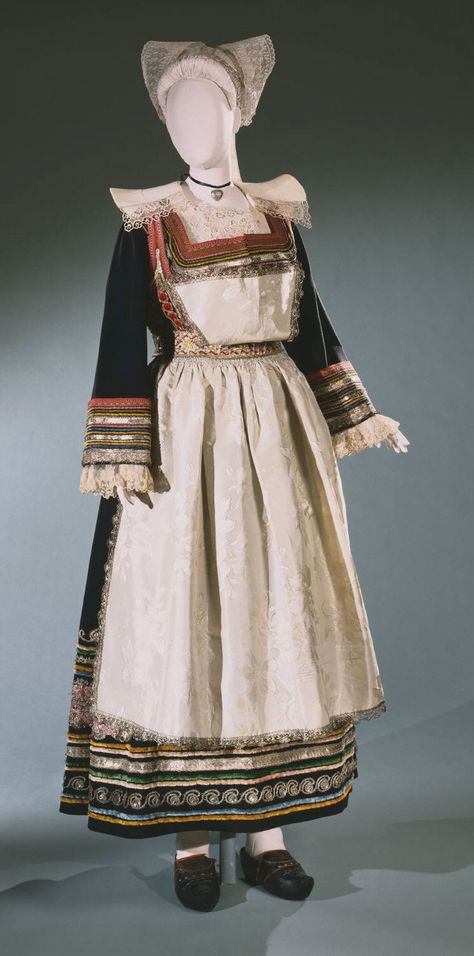 Philadelphia Museum of Art - Collections Object : Wedding Ensemble for a French Woman from Pont-Aven, Brittany: Skirt, Bodice, Bolero, Vestee, Apron, Belt, and Cap French Traditional Clothing, French Traditional Dress, Traditional French Clothing, Apron Belt, French Costume, French Clothing, Abed Mahfouz, Silver Cocktail Dress, French Outfit