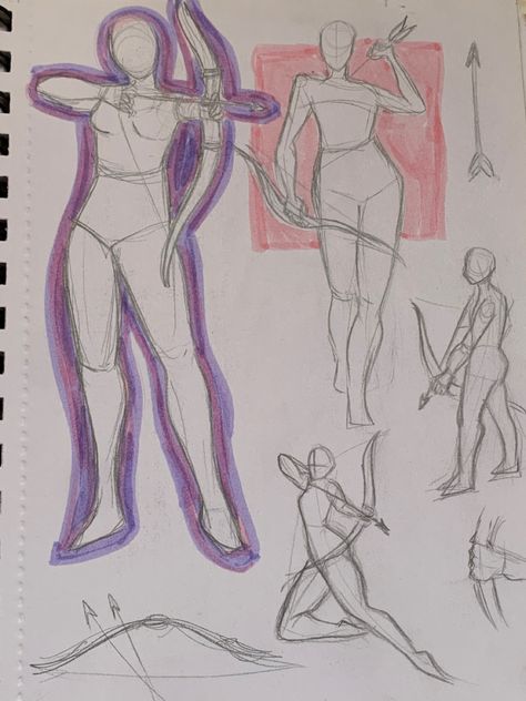 Bow and arrow studies /// Support me on TikTok @inspiring.melonee ☺️ Holding A Bow And Arrow Pose, Person With Bow And Arrow, Person With Bow And Arrow Reference, Bow And Arrow Drawing Reference, Holding Bow And Arrow Reference, Bow Drawing Reference, Bow And Arrow Poses Reference, Bow And Arrow Drawing, Inspirational Sketches