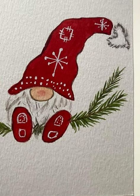 Christmas Card Art Ideas Simple, Small Christmas Drawings, Nome Christmas Painting, Christmas Gnome Drawing, Gnome Watercolor Paintings, Christmas Gnome Painting Tutorial, Christmas Gnome Watercolor, Watercolour Gnomes, Watercolor Gnomes Christmas