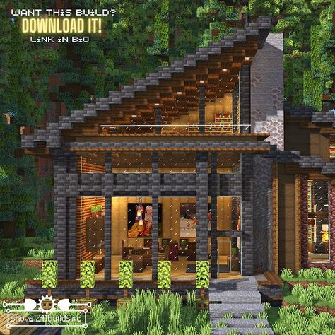 shovel241 | A modern woodland cabin, built on the banks of a river! This was a fun little collab project that I did with my friends @clairel593 and... | Instagram Minecraft Modern Cabin, Minecraft Treehouse Ideas, Minecraft Cabin, Treehouse Ideas, Woodland Cabin, Minecraft Modern, Minecraft Builds, With My Friends, Modern Cabin