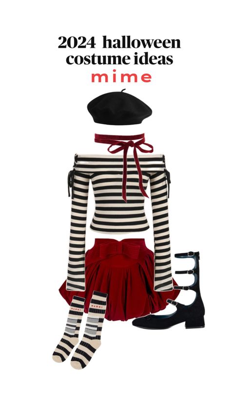 Studio Ines Halloween, Halloween Costumes Mime, Mime Halloween Costume Women, At Home Clown Costume, Mime Costume Aesthetic, Swag Halloween Costumes, Red And White Halloween Costume, Circus Halloween Costumes Women, Jester Costume Female Diy