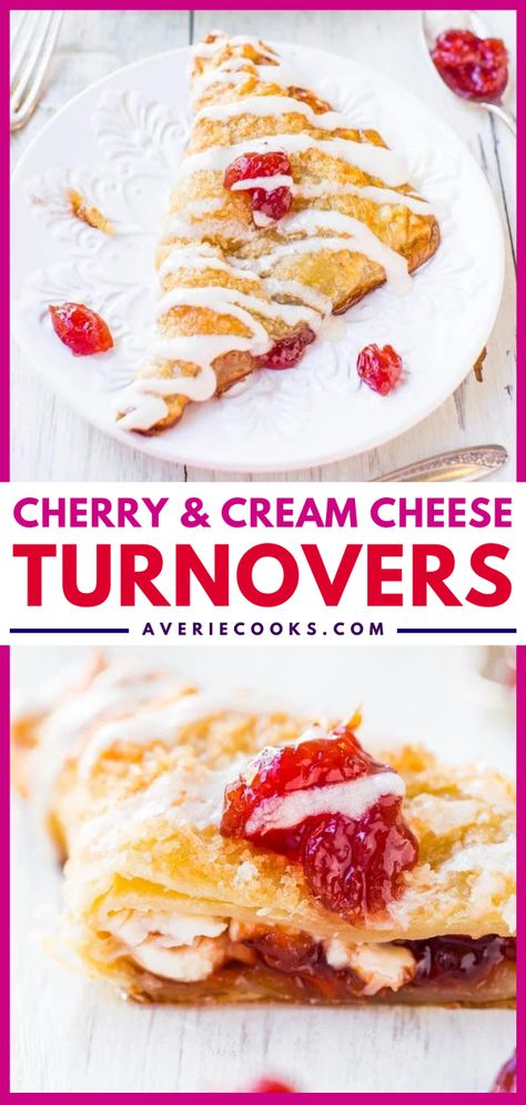 Glazed Puff Pastry Cherry Turnovers - Averie Cooks Cherry Turnovers With Puff Pastry, Easy Cherry Turnovers, Cream Cheese Turnovers, Turnovers With Puff Pastry, Cherry Hand Pies Recipes, Cheese Turnovers, Cherry Turnovers, Blondie Dessert, Cream Cheese Puff Pastry