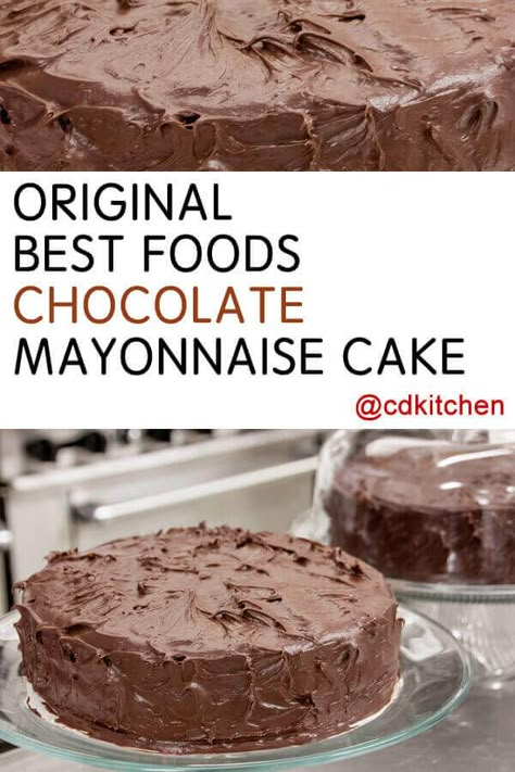 Original Best Foods Chocolate Mayonnaise Cake - Mayo is the secret ingredient in this cake that keeps it super moist. Made with flour, cocoa powder, baking soda, baking powder, eggs, sugar, vanilla extract, mayonnaise, water | CDKitchen.com Mayonnaise Cake Recipe, Special Deserts, Waffle Ice Cream Sandwich, Chocolate Goodies, Choco Cake, Fudge Cake Recipe, Mayonnaise Cake, Rolls Homemade, Chocolate Mayonnaise Cake