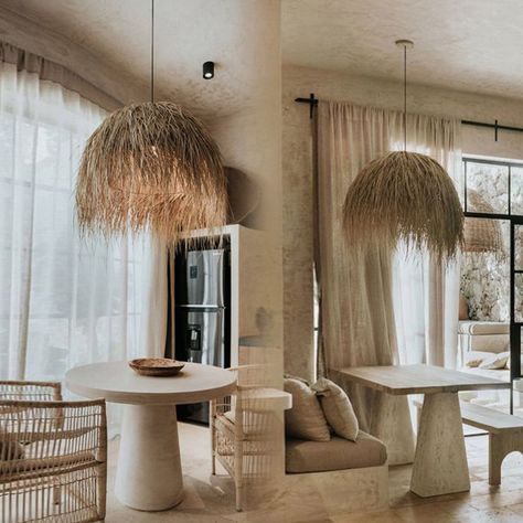 Wabi Sabi Loft, Tulum Interior Design Living Room, Straw Pendant Light, Tulum Interior Design, Organic Chandelier, Living Room Wabi Sabi, Wabi Sabi Lighting, Huge Woven Chandelier, Wabi Sabi Living