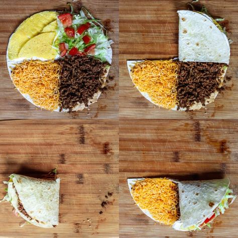 Fold Over Wraps, Foldable Wrap Recipes, Crunch Wrap Supreme With Doritos, Taco Folded Wrap, Weight Watchers Crunch Wrap Supreme, Crunch Wrap Tortilla Hack, Tortilla Wrap Hack Recipes, Easy Crunch Wrap Recipe, Crunchwrap Ideas