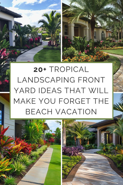 Collage of tropical landscaping ideas for front yards, featuring palm trees, vibrant flowers, and well-designed pathways, ideal for enhancing home exterior aesthetics. Backyard Landscaping Palm Trees, Tropical Entryway Landscaping, Palm Front Yard Landscape, Tropical Home Garden Ideas, Tropical Garden Front Yard, Tropical Garden Front Of House, Fl Landscaping Ideas, Front Yard Landscaping Tropical Plants, Landscape Ideas Florida Front Yard