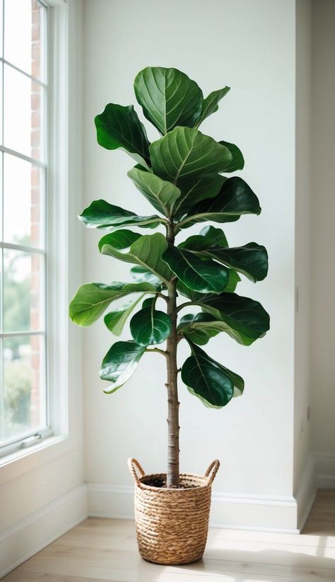 A fiddle leaf fig stands tall in a bright, airy room with plenty of natural light. Its glossy, vibrant leaves are free from blemishes and drooping, showcasing its healthy and thriving appearance Indoor Plants Fiddle Leaf Fig, Fiddle Leaf Fig Painting, Indoor Fig Plant, Fiddle Leaf Tree Aesthetic, Mini Fiddle Leaf Fig, Fiddle Leaf Tree Living Room, Tall House Plants Indoor, Fig Plant Indoor, Fiddle Leaf Plant