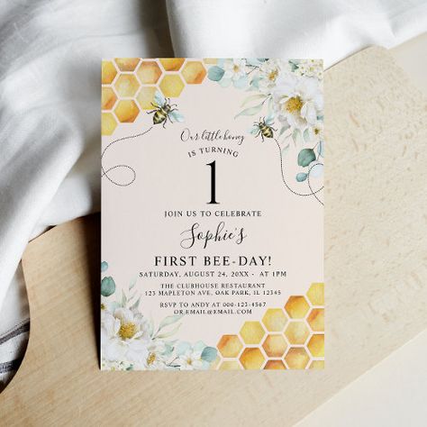 Bumble Bee Our Little Honey Bee 1St Birthday Invitation #zazzle #weddinginvitations #birthdayinvitations #babyshowerinvitations #zazzleinvitations #monogram #businesscards #graduation #homedecor Bee 1st Birthday, Bumble Bee Birthday, Bee Invitations, Birthday Boho, Bee Sweet, Floral Birthday Invitations, Bee Honeycomb, 1st Birthday Invitation, Bee Birthday