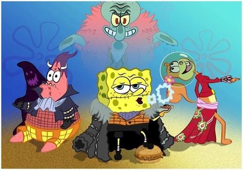 Spongebob x One Piece One Piece Spongebob, One Piece Crossover, Samurai Clothing, Funny Lock Screen Wallpaper, Spongebob Patrick, Samurai Jack, Cartoon Posters, Sponge Bob, Iphone Wallpaper Quotes Love