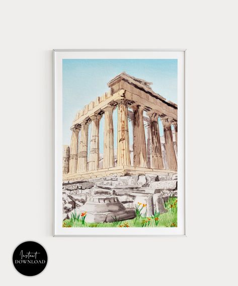 Parthenon Sketch Simple, Athens Greece Drawing, Athens Illustration Art, Greece Watercolor Painting, Athens Painting, Athens Watercolor Painting, Greece Wall Art, Greece Art, Wall Art Watercolor