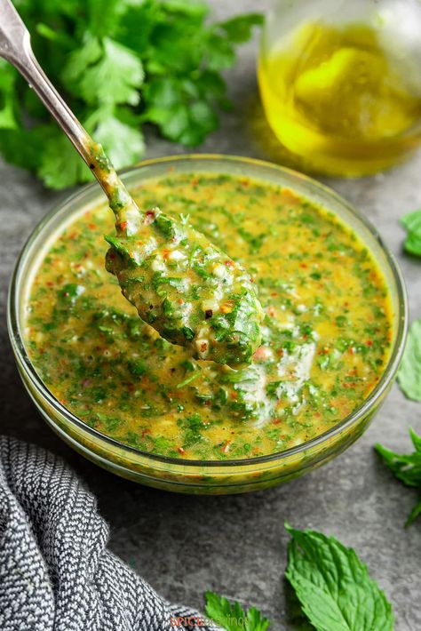 Easy, 15-minute Cilantro Chimichurri recipe featuring cilantro, parsley, mint, garlic, and vinegar, all blitzed together to use as a sauce or marinade. #chimichurri #cilantro Cilantro Chutney Recipes, Best Chimichurri Recipe, Asian Chimichurri Sauce, Mint Chimichurri Sauce, Authentic Chimichurri Sauce, Jalapeño Cilantro Dip, Basil Chimichurri Sauce, Chimmi Churri Sauce, Cilantro Sauce Recipe