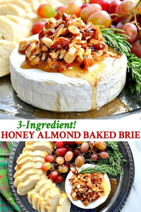 You only need 3 ingredients and about 10 minutes to prepare this easy appetizer recipe for the holidays -- Honey Almond Baked Brie! Party Food | Snacks | Appetizers Brie Recipes Honey, Christmas Nibbles Ideas, Almond Baked Brie, Party Food Snacks, Brie Cheese Recipes, Party Food Easy Appetizers, Baked Brie Recipes, Brie Appetizer, Brie Recipes