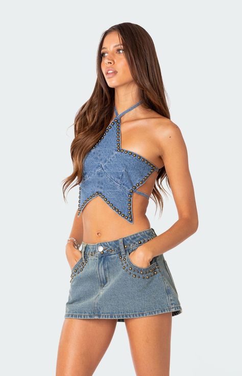 Starlet Studded Denim Crop Top Diy Denim Top, Ropa Upcycling, Jean Fit, Denim And Diamonds, Denim Crop Top, Studded Denim, Denim Ideas, Casual Summer Tops, Denim Crafts