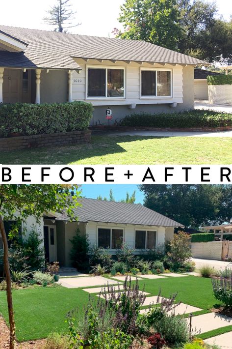 Before & After Landscape: Southern California Front Yard Low Grass Front Yard, Front Yard Landscaping Design Ranch, Astroturf Front Yard, Front Yard Upgrade, Front Yard Landscaping Design Minimalist, Midcentury Modern Front Yard Landscaping, San Diego Front Yard Landscaping, Minimalist Landscape Front Yard, Grey House Landscaping Ideas