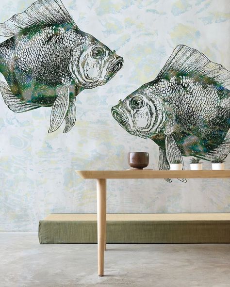 Bold wallpaper sure to make a splash Mexico City Travel, Cnc Art, Day Wallpaper, Catch Of The Day, Bold Wallpaper, Fish Illustration, Fish Drawings, Kitchen Wallpaper, Cute Horses