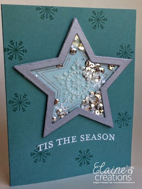 http://elainescreations.blogspot.com/2014/11/many-merry-star-shaker-card-video.html Many Merry Stars from SU Holiday Supplement, 2014 Winter Shaker Cards, Stampin Up Shaker Cards Christmas, Diy Christmas Shaker Cards, How To Make A Shaker Card, Christmas Shaker Cards, Shaker Cards Tutorial, Photo Sleeve, Star Cards, Handmade Paper Crafts