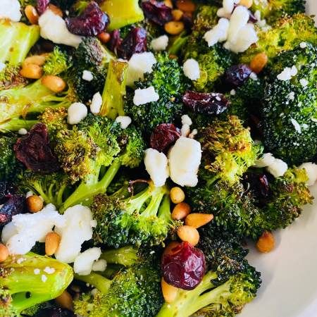 Broccoli Cranberry and Goat Cheese Salad - Cooks Well With Others Parmesan Ranch Chicken, Parmesan Ranch, Dry Ranch Seasoning, Vinegar And Honey, Toasted Pine Nuts, Goat Cheese Salad, Cheese Salad, Ranch Chicken, Broccoli Florets