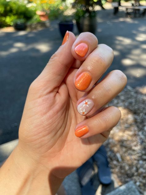 Orange Nails With Daisies, Orange Daisy Nails, September Gel Nail Ideas, Orange Nails Flowers, Orange Nails With Flowers, Orange Spring Nails, Cute Shellac Nails, Orange Flower Nails, Nails With Daisies