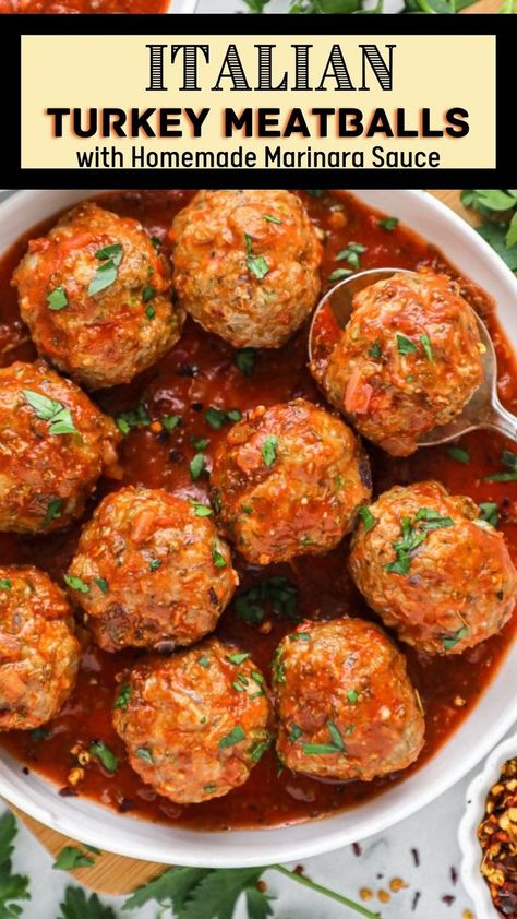 These zesty meatballs are juicy, easy to make and filled with so much flavor! Pair them with a side salad or your favorite pasta dish and you have one well rounded meal! Italian Turkey Meatballs, Homemade Marinara Sauce, Italian Turkey, Easy Sheet Pan Dinners, Marinara Sauce Homemade, One Pot Dinners, Easy Salmon Recipes, Homemade Marinara, Refreshing Salad