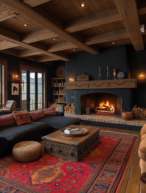 Eclectic Grandpa Interior Design, Midwestern Interior Design, Colorful Mountain Home, Dark Cabin Living Room, Craftsman Interior Design Living Room, Cabin Interior Colors, Ceiling Fireplace Ideas, Black Interior Walls, Black And Wood Interior Design