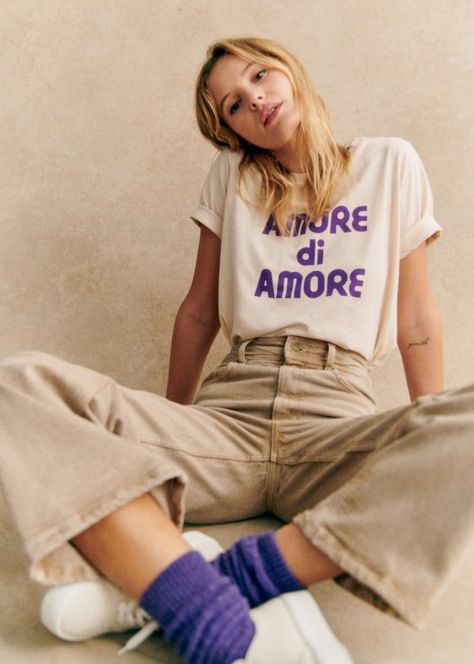 Amore Di Amore T-Shirt - Cream / Purple - Organic cotton - organic textile - Sézane French Love Letter, Women Tshirt Design, French Love, Simple Tshirt, White Embroidery, Love Letter, 로고 디자인, Women T Shirt, Clothes Gift