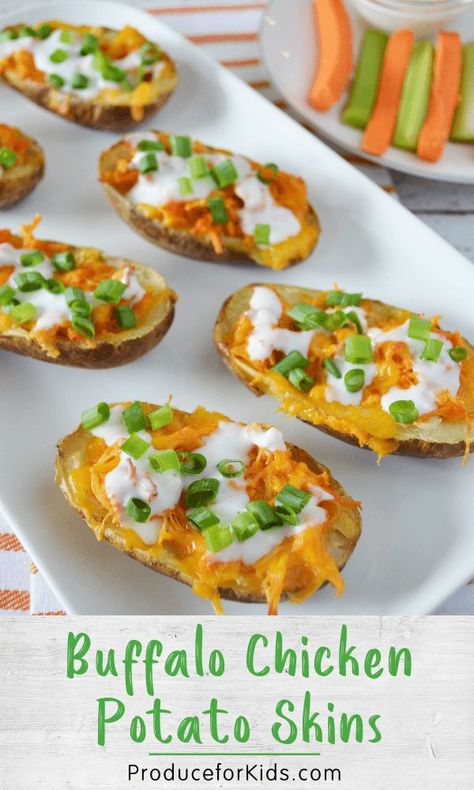 Kids Healthy Recipes, Potatoes Skins, Potato Skins Appetizer, Stuffed Potato Skins, Game Day Foods, Baked Potato Skins, Stuffed Potato, Spicy Buffalo Chicken, Stuffed Baked Potatoes