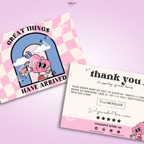 Retro Thank You Card Canva Template,Editable Business Thank You Card, Pink Heart Package Insert Card Fun Thank You Cards Business, Retro Thank You Card, Retro Card Design, Small Business Thank You Cards, Desert Candle, Beads Packaging, Pink Store, Retro Business Card, Minimalist Brand