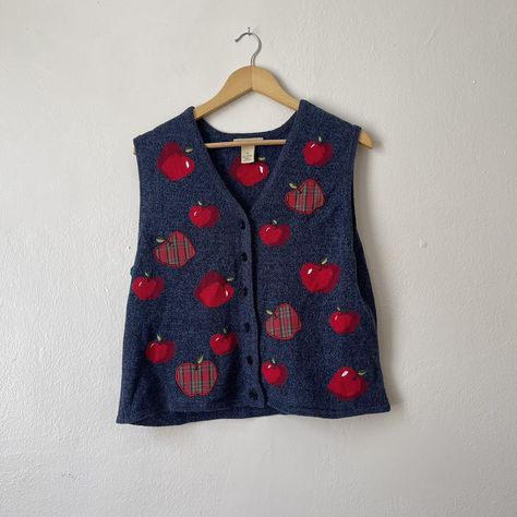 VINTAGE apple sweater vest. Adorable little apple... - Depop Vintage Fall Vest With Buttons, Vintage Knit Sweater Vest For Fall, Red Vintage Sweater Vest For Fall, Retro Winter Sweater Vest, Vintage Winter Sweater Vest, Apple Sweater, Vintage Sweater Vest, Vintage Teacher, Heart Burn