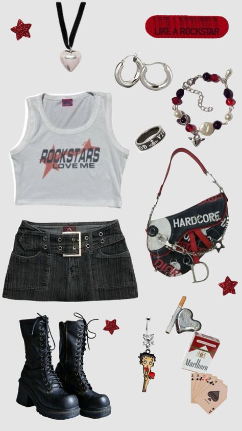 Rockstar gf outfit #rockstargf Rockstar Gf Outfit, Girls Rockstar, Rock Star Outfit, Stranger Things Outfit, Filmy Vintage, Rockstar Gf, 2000s Clothes, Mein Style, Edgy Outfits