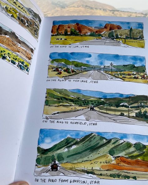 Travel Sketchbook Ideas, Nature Drawing Aesthetic, National Park Drawing, National Park Scrapbook, Outdoor Sketching, Shari Blaukopf, Travel Watercolor, Travel Art Journal, Travel Sketchbook