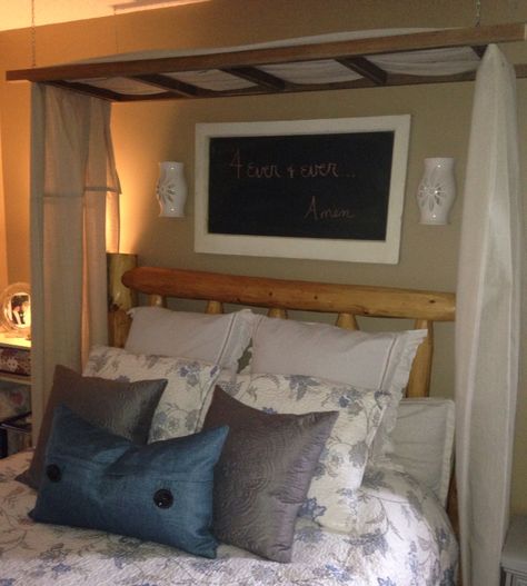 Ladder canopy over master bed with old window chalkboard for ❤️ notes! Ladder Canopy Over Bed, Ladder Headboard Ideas, Ladder Over Bed, Over Master Bed, Curtains Around Bed, Canopy Over Bed, Ladder Ideas, Canopy Bed Diy, Headboard Decor