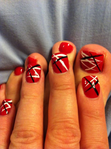 Eddie Van Halen-inspired mani/pedi Football Nail Designs, Football Nail Art, Black Toe Nails, Black And White Nail Designs, Football Nails, Nail Red, Pedicure Colors, Pretty Nail Colors, Nude Nail Designs