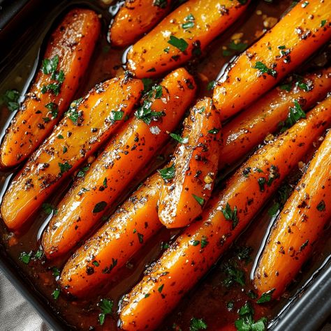 Sweet and Savory Honey Garlic Roasted Baby Carrots Carmelized Carrots Oven, Honey Garlic Roasted Carrots Recipe, Cooked Baby Carrots Recipe, Baby Carrots In Oven, Honey Garlic Butter Roasted Carrots, Crockpot Carrot Recipes, Roasted Baby Carrots Oven, Baked Baby Carrots, Savory Carrot Recipes