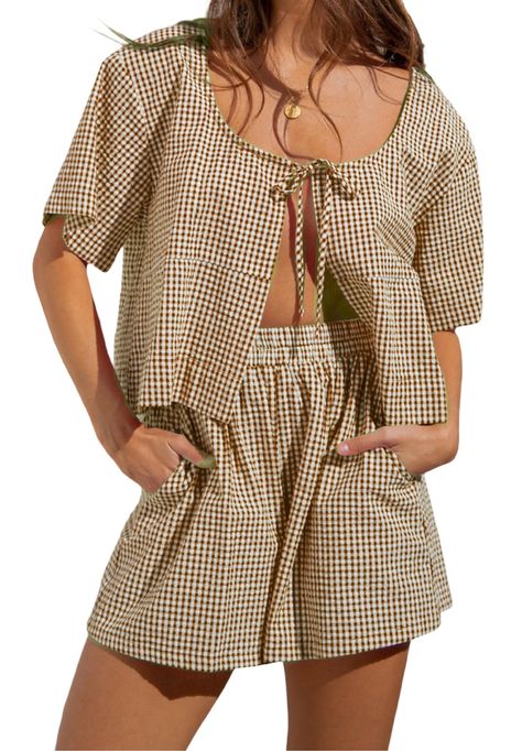 PRICES MAY VARY. ♦Material: Polyester blend. Women plaid 2 piece pajama shorts set made by high quality fabric, lightweight, breathable, skin-friendly, plaid shorts pj set for women, gingham two piece shorts sets, offer comfy wearing experience. ♦Features: Puff sleeve babydoll blouse, with cute bow tie, open front, tie up peplum shirt, half sleeve plaid shirt blouse, loose fit, short sleeve 2 piece pj sets. Short sleeve lounge sets, women y2k two piece summer outfits, y2k 2 piece loungewear, y2k Cute 2 Piece Outfits, Elastic Waist Shorts Outfit, Shorts Aesthetic, 2 Piece Short Set, Broadcloth Fabric, Babydoll Shirt, Shorts Pattern, Outfits Mit Shorts, Outfit Streetwear