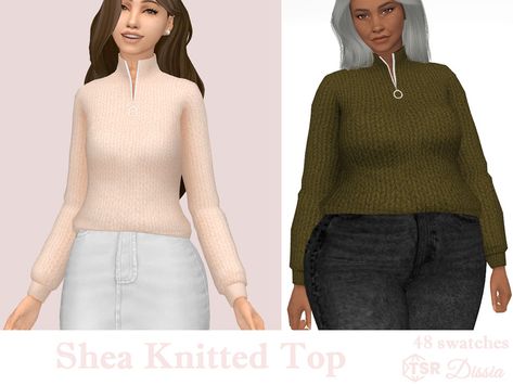 The Sims Resource - Shea Knitted Top Star Tights, Short Jean Skirt, Rock Hairstyles, Pleated Long Skirt, Fluffy Sweater, Knitted Jumper, Sims Mods, Long Sleeve Knit, Sims 4 Mods