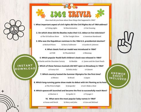 "Travel back to the 1960s with this printable 1964 Trivia Game, perfect for a 60th birthday party or 60th wedding anniversary!  This fun-filled printable download includes: - 10 multiple choice questions that will test your knowledge about 1964 - Perfect for people of all ages - teenagers, kids, adults, and seniors - Printable format for easy access and convenience - Choice of printing one game per page or two per page - Perfect for adding a touch of excitement and friendly competition to your gathering - Answer key included THIS IS AN INSTANT DOWNLOAD. NO PHYSICAL PRODUCT WILL BE SENT. HOW TO DOWNLOAD: - You will get an email with the link to download from Etsy OR you can find the download link in the purchases section of your Etsy account. - Print on your home printer or through a copy s 1964 Birthday Party Ideas, Trivia Games For Adults, Anniversary Party Games, Fun Quiz Questions, Fun Trivia Questions, 61st Birthday, 61 Birthday, Winter Birthday Parties, Moms Birthday