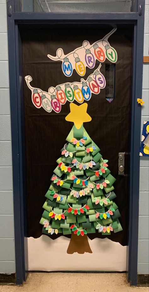 Xmas Tree Door Decoration, Colorful Christmas Classroom Door, Door Decorating Classroom Christmas, Christmas Door Kindergarten, 3d Christmas Tree Door Decoration, Door Decorations Holiday, Christmas Door Daycare, Christmas Decor List, School Christmas Door Ideas