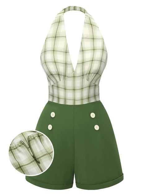 [Pre-Sale] Green 1950s Windowpane Plaid Halter Romper 1950s Romper, 50s Style Outfits, 50s Outfit, 60s Outfits, 1950 Style, 1950s Clothing, Vintage Outfits Classy, Decades Fashion, Retro Stage