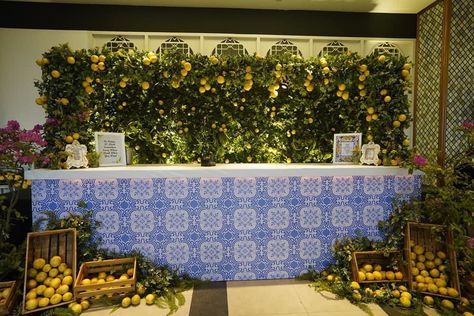 Lemons, bougainvillea and blue and white tiles Capri Decor, Tile Bar, Blue And White Tiles, Blue And White Tile, Scorpio Rising, Orange Theme, Church Wedding Decorations, Bar Wedding, Birthday Planning