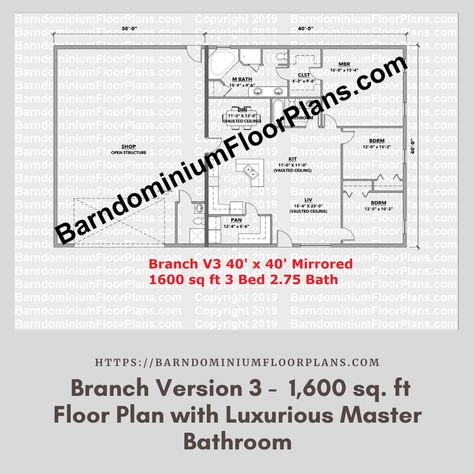 40x40 Barndominium Floor Plans, Barndominium With Shop, Company Architecture, Custom Barndominium, Loft Floor Plan, Country Style Bedroom, 3 Bedroom Floor Plan, Metal Barn Homes, Custom Floor Plans